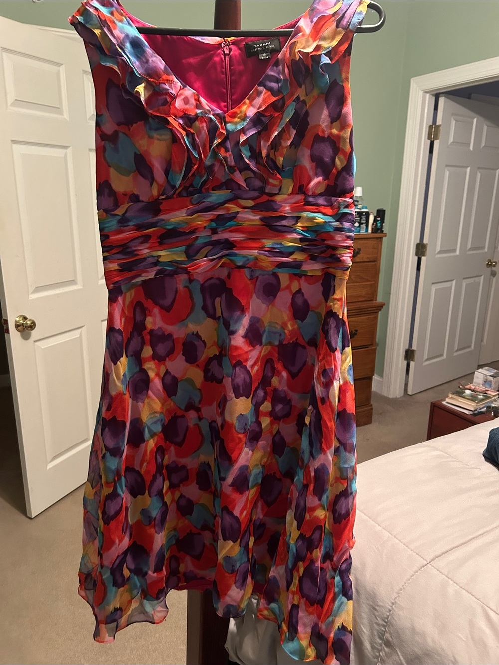 Tahari Vibrant Multicolor Ruffle-Detail Midi Dress